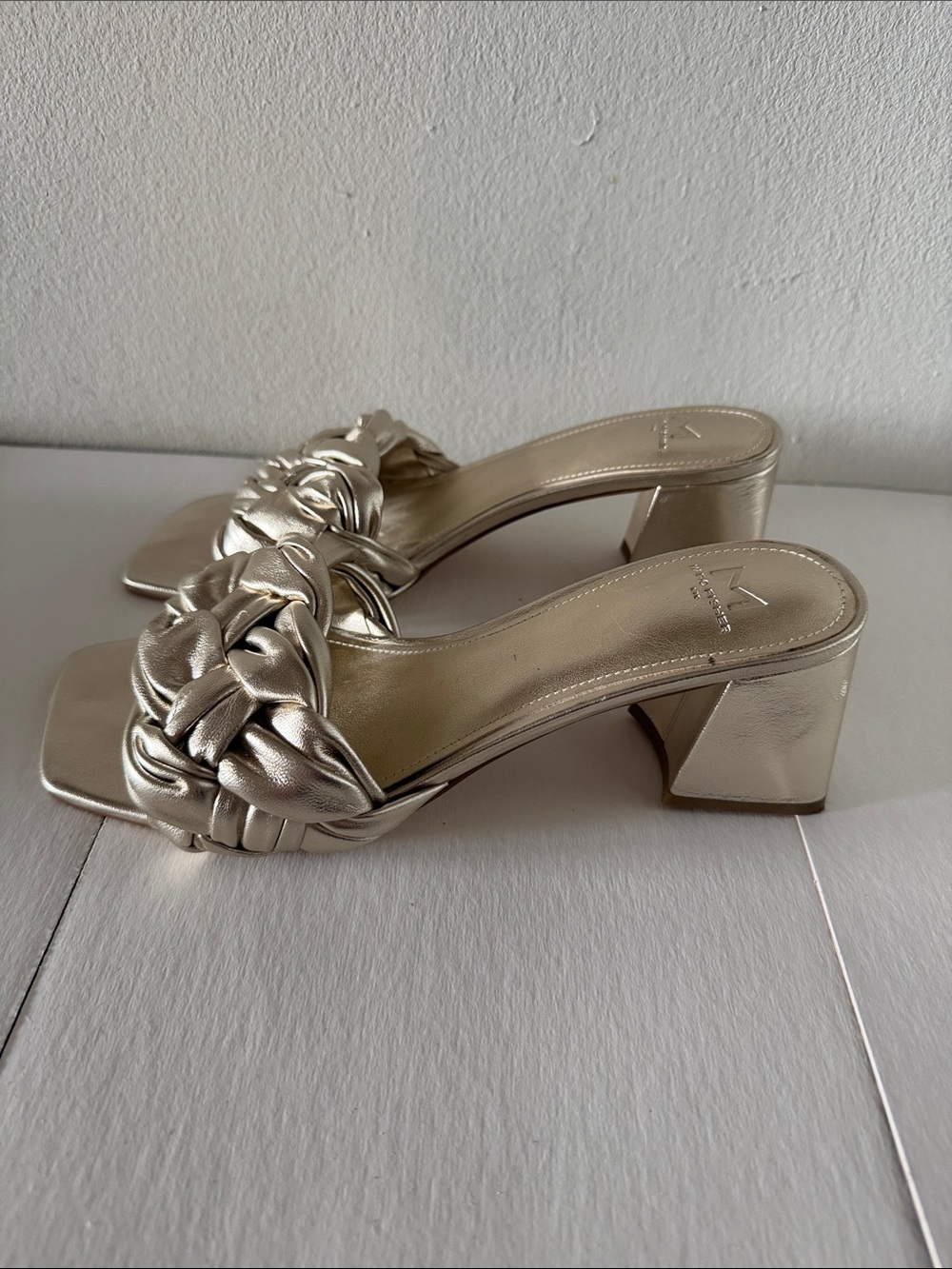 Marc Fisher Leather Braided Metallic Champagne Block Heel Sandals